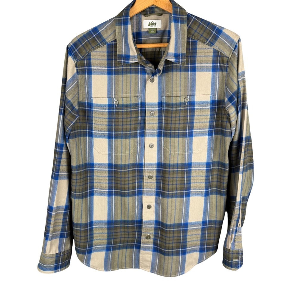 REI Co-op Mens Blue Tan Plaid Flannel Button Down Shirt Size M Long Sleeve